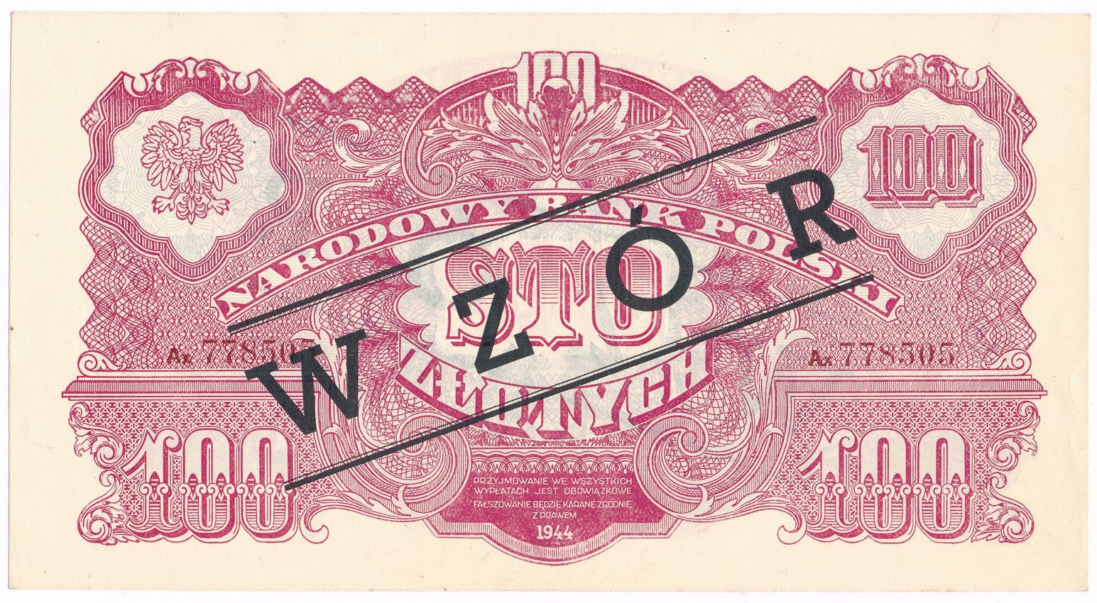 WZÓR. 100 złotych 1944 Czarny , RZADKOŚĆ (R5)